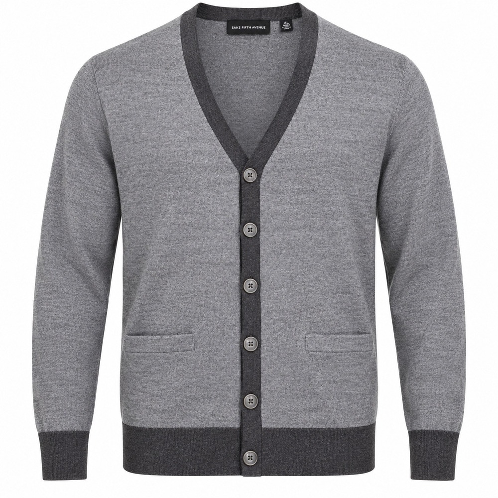 Saks Fifth Avenue Men's XL Gray Wool Blend V-Neck Button Cardigan Sweater NWT